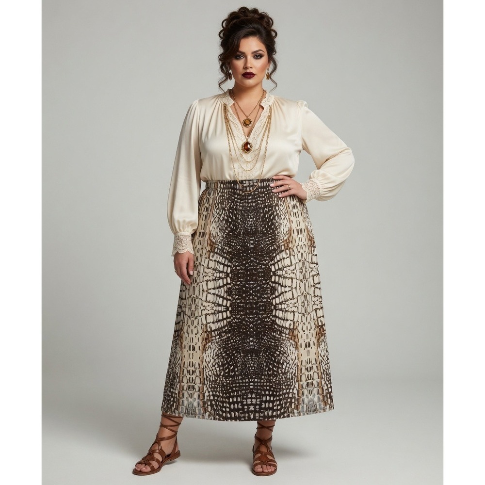 Mlle Gabrielle Skirt Women 3X 24 Snake Print Maxi Brown Pull On Stretch Slit